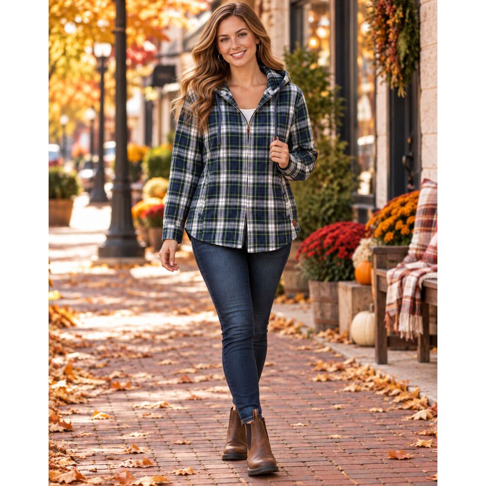 L.L.Bean Womens XL Plaid Flannel Hooded Jacket Green Navy Full Zip Relaxed Fit